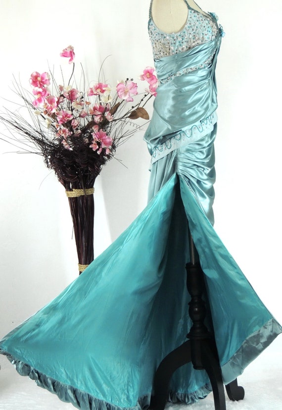 Silky Teal Blue Vintage Party Dress Gown Bridesma… - image 2