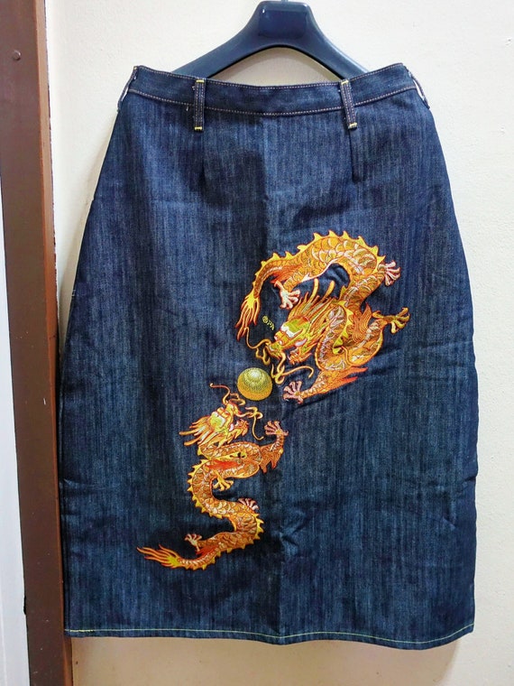Blue Denim Skirt With Tattoo Dragons Play Firebal… - image 1