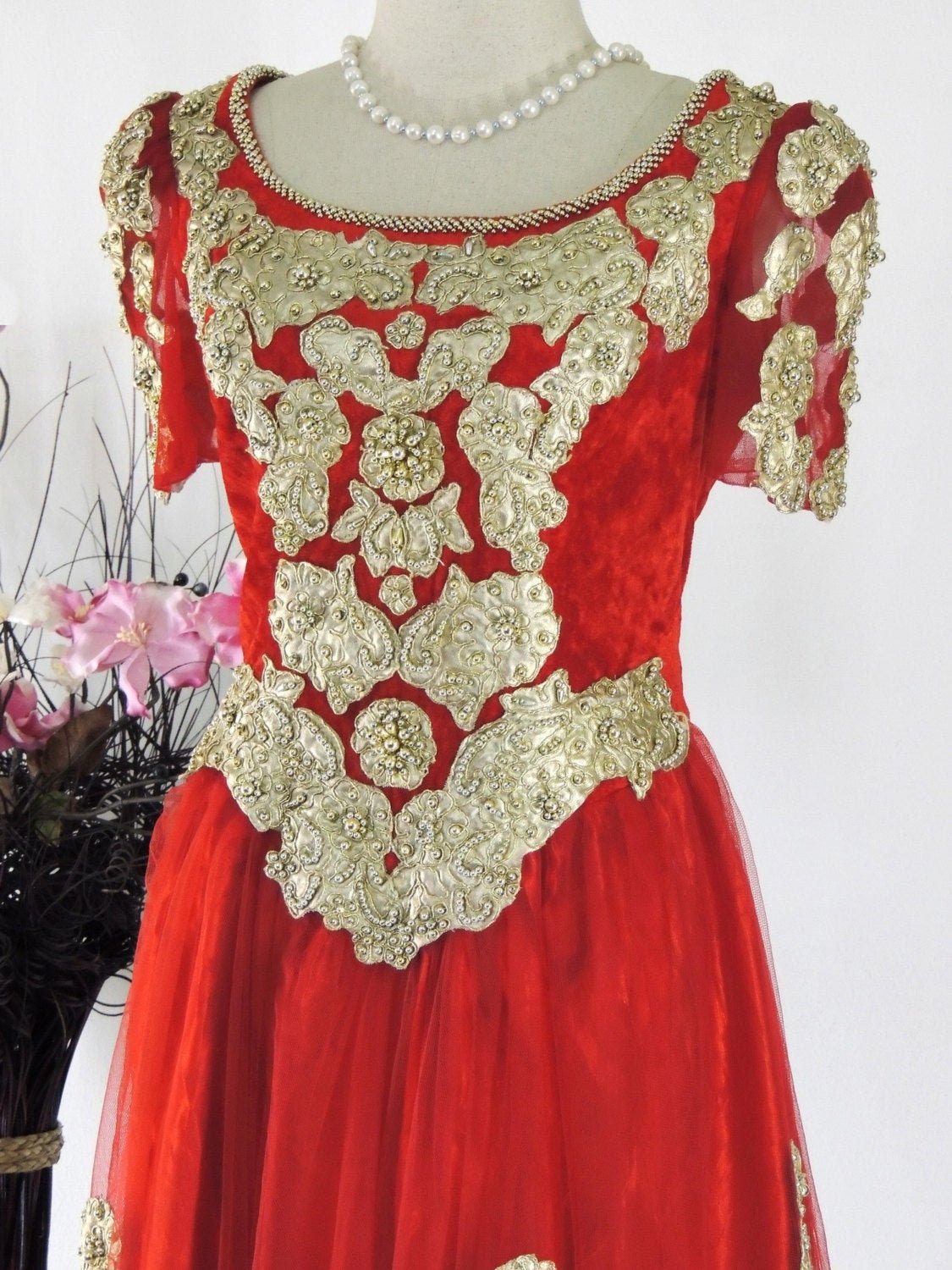 Aufwendige rot Gold Vintage Kleid soziale Gelegenheit | Etsy Schweiz