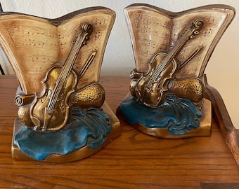 Vintage Marion Bronze Violin Music Bookends