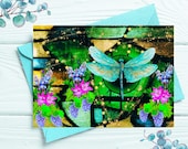 Sacred Garden Blank Greeting Card- Printable Floral Fantasy Art Card, Surreal Dragonfly Greeting, Boho Nature Stationery