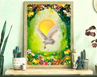 Garden of the Sun – Surreal Digital Collage Art Print, Mystical Owl Artwork, Spiritual Surrealism, Blank Greeting Card, Printable Wall Art