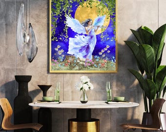 May include: A framed artwork depicts an angel playing a flute against a backdrop of a full moon and a starry night sky. The angel wears a flowing blue gown and has large, feathered wings. The artwork is surrounded by a gold frame.