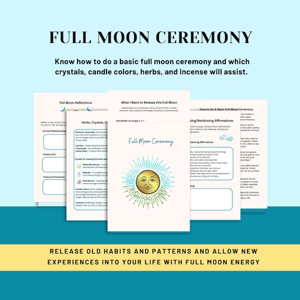 Full Moon Ceremony Guide Ritual Worksheets Releasing Affirmations Herbs Crystals Candle Colors and Incense to Use