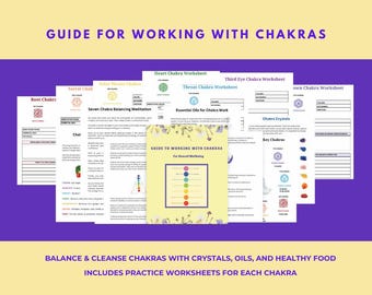 Guida ai chakra con oli essenziali, purificazione dei chakra con cibo e guida ai cristalli, stampabile sui chakra, ideale per principianti, fogli di lavoro pratici