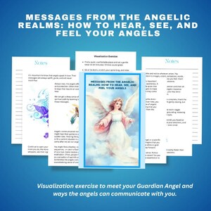 May include: A stack of white papers with text and illustrations, including a central image of an angel. The title reads "MESSAGES FROM THE ANGELIC REALMS: HOW TO HEAR, SEE, AND FEEL YOUR ANGELS". The bottom text says "Visualization exercise to meet your Guardian Angel and ways the angels can communicate with you."
