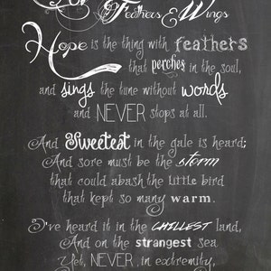 Digital Chalkboard Print of Emily Dickinson Poem &quot;Hope is the thing with feathers&quot;