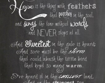 Digital Chalkboard Print of Emily Dickinson Poem "Hope is the thing with feathers"