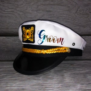 Groom Captain hat, Groom&#39;s captain hat, bride&#39;s crew hat, skipper, yacht - sailor bachelor hat, nauti Groom hat, rainbow Vinyl, Any Color