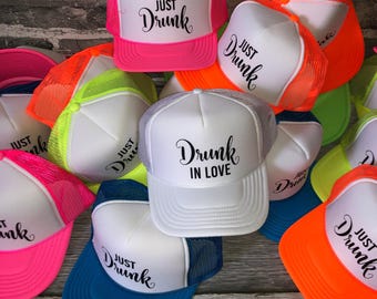 Neon Bachelorette Party Hats, drink in love hat, just drunk hat beach bachelorette trucker hat, Bride neon hat, Adjustable neon trucker hats