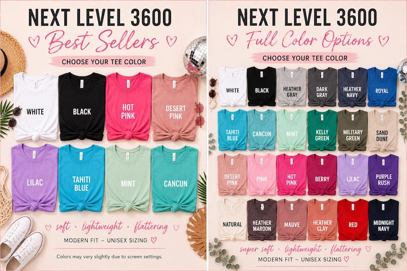 May include: A color chart for Next Level 3600 t-shirts displaying various shades including white, black, pink, blue, green, and purple. The image features text labels for each color option, such as Tahiti Blue, Mint, and Cancun, presented in a grid layout.