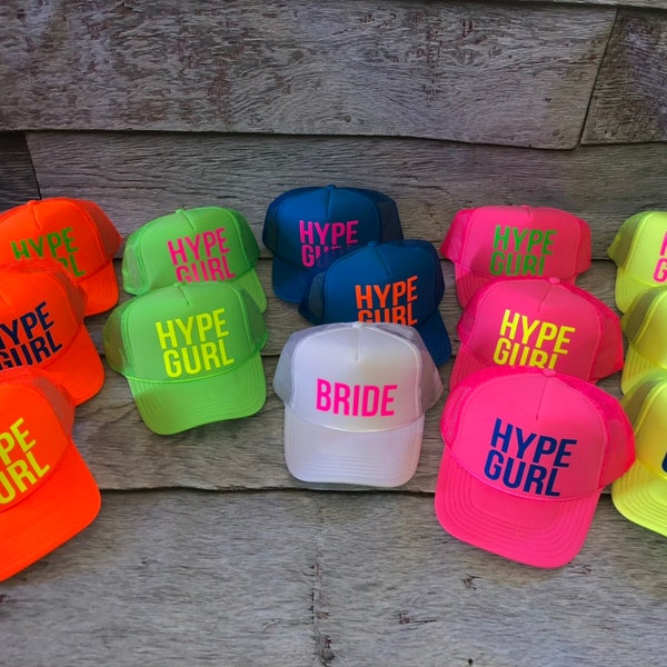 Neon Bachelorette Party Hats, hype gurl hat, beach bachelorette trucker hat, Bride neon hat, Adjustable neon trucker hats, Personalized, cus