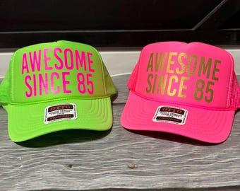 Inappropriate sayings trucker hats, funny neon trucker hats, awesome since trucker hats, girls weekend trucker hats, bachelorette trucker