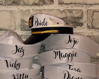 bride captain hat with veil, bride's captain hat, bride's crew hat, skipper,sailor bachelorette hat, nauti bride hat, gold writing