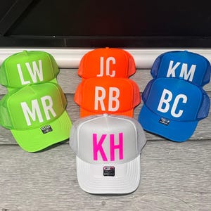 Oversized Monogram Initials Trucker Hats - Custom Neon Block Letter Hats for Bachelorettes and Girls Trips