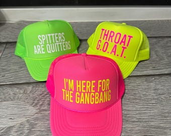 Inappropriate sayings trucker hats, funny neon trucker hats, explicit trucker hats, neon girls weekend trucker hats, bachelorette trucker