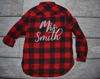 Personalized Plaid shirt, Monogram Flannel shacket, Bridesmaid Plaid red and black, blue flannel, black flannel, getting ready for wedding
