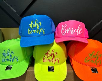 Aloha Beaches trucker hats, matching trucker hats, snap back hat, custom trucker hat, neon baseball cap, bachelorette trucker hat
