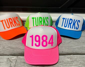 Destination Trucker Hats - Custom Neon Turks Bachelorette and Birthday Hats with Year, Matching Snapback