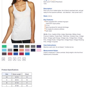 May include: A white racerback tank top with a scoop neck. The tank top is made of a tri-blend fabric and has a satin label. The tank top is available in sizes XS-XL. The tank top is shown on a model wearing the tank top. The tank top is available in a variety of colors. The tank top is made of 50% polyester, 25% combed ring-spun cotton, and 25% rayon jersey. The tank top is 4.3 ounces. The tank top is laundered for reduced shrinkage. The tank top is made of 32 singles for extreme softness.