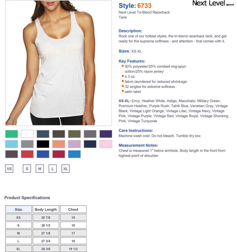 May include: A white racerback tank top with a scoop neck. The tank top is made of a tri-blend fabric and has a satin label. The tank top is available in sizes XS-XL. The tank top is shown on a model wearing the tank top. The tank top is available in a variety of colors. The tank top is made of 50% polyester, 25% combed ring-spun cotton, and 25% rayon jersey. The tank top is 4.3 ounces. The tank top is laundered for reduced shrinkage. The tank top is made of 32 singles for extreme softness.