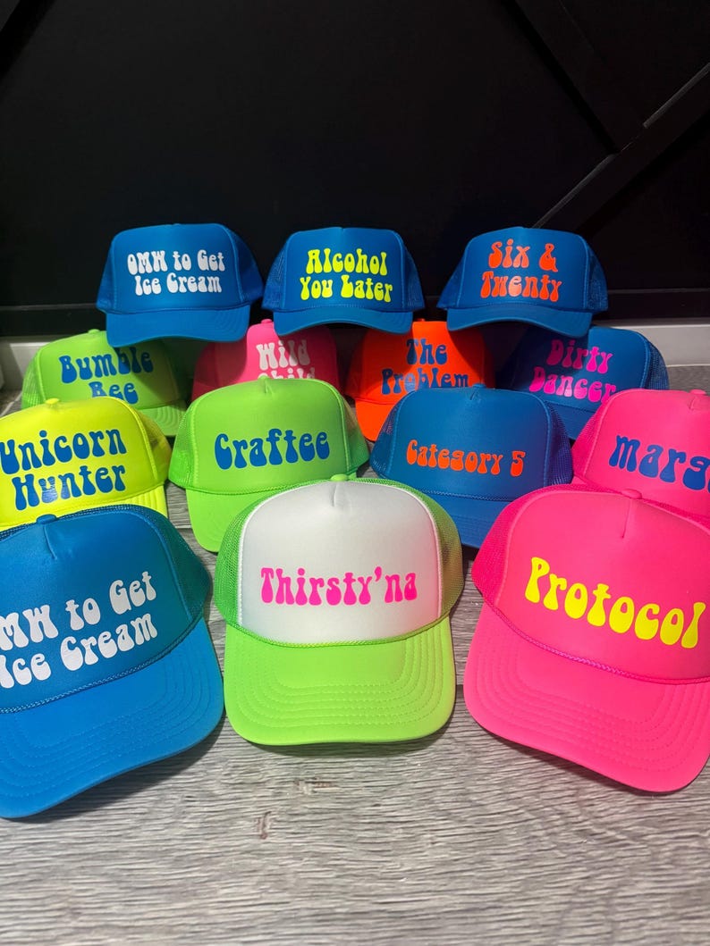 Inappropriate sayings trucker hats, funny neon trucker hats, explicit trucker hats, neon girls weekend trucker hats, bachelorette trucker image 11