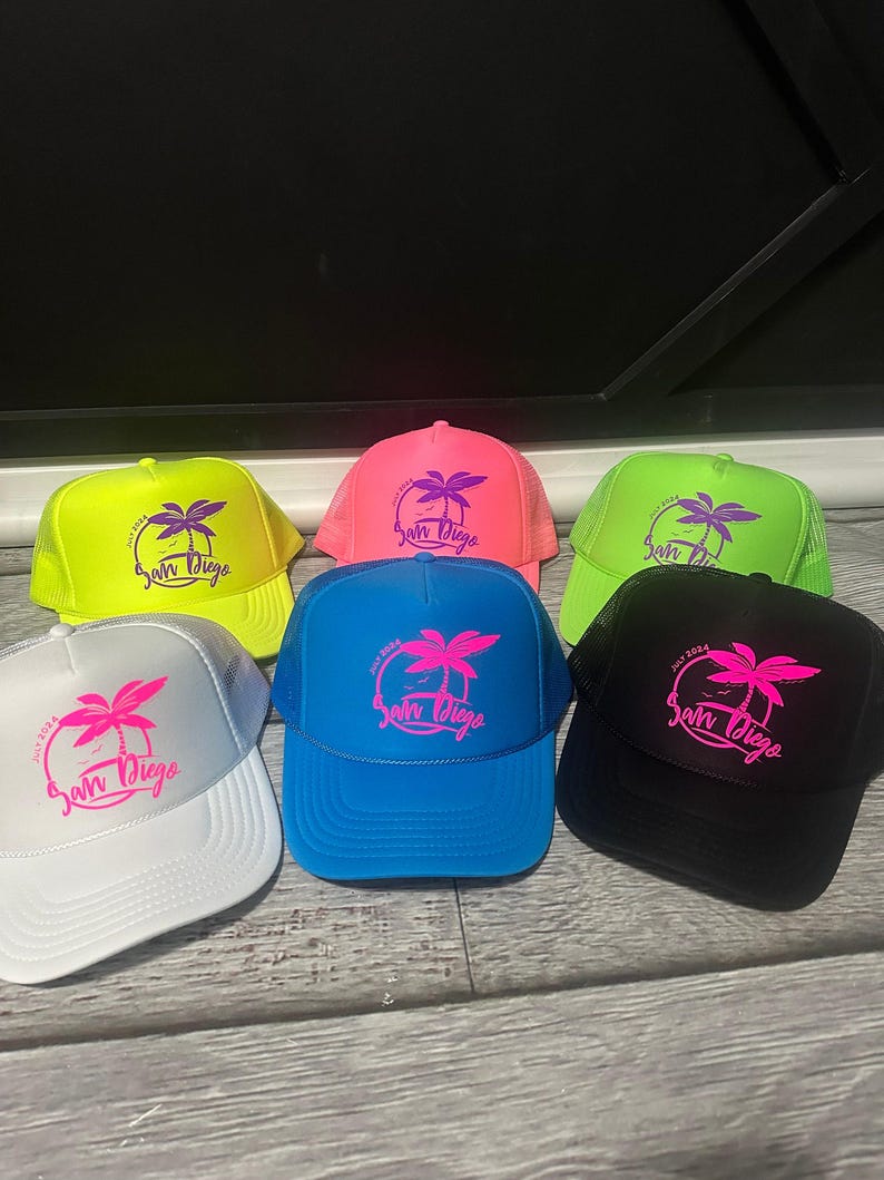 Sombreros de neón para despedida de soltera, sombrero de camionero para despedida de soltera en la playa, sombrero de neón para novia, sombreros de camionero de neón ajustables, personalizados, cualquier frase imagen 3