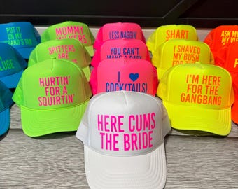 Inappropriate sayings trucker hats, funny neon trucker hats, explicit trucker hats, neon girls weekend trucker hats, bachelorette trucker