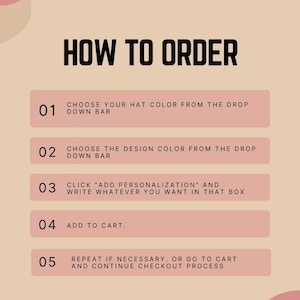 The image is a step-by-step guide on how to order a hat, with instructions on choosing the color, design, adding personalization, adding to the cart, and repeating the process if necessary.