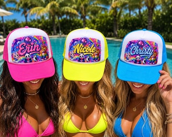 May include: Three trucker hats with white front panels and neon pink, yellow, and blue brims. Each hat features a colorful graphic with a disco ball, rainbow, and animals, with the names Erin, Nicole, and Christy printed in a script font.