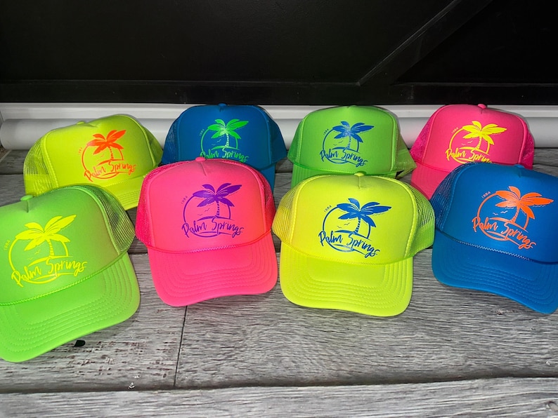 Sombreros de neón para despedida de soltera, sombrero de camionero para despedida de soltera en la playa, sombrero de neón para novia, sombreros de camionero de neón ajustables, personalizados, cualquier frase imagen 5