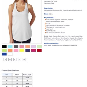 May include: A white racerback tank top made from soft French terry fabric. The tank top is lightweight and has a relaxed fit. The size chart shows measurements in inches for chest and front length. The tank top is available in a range of colours.