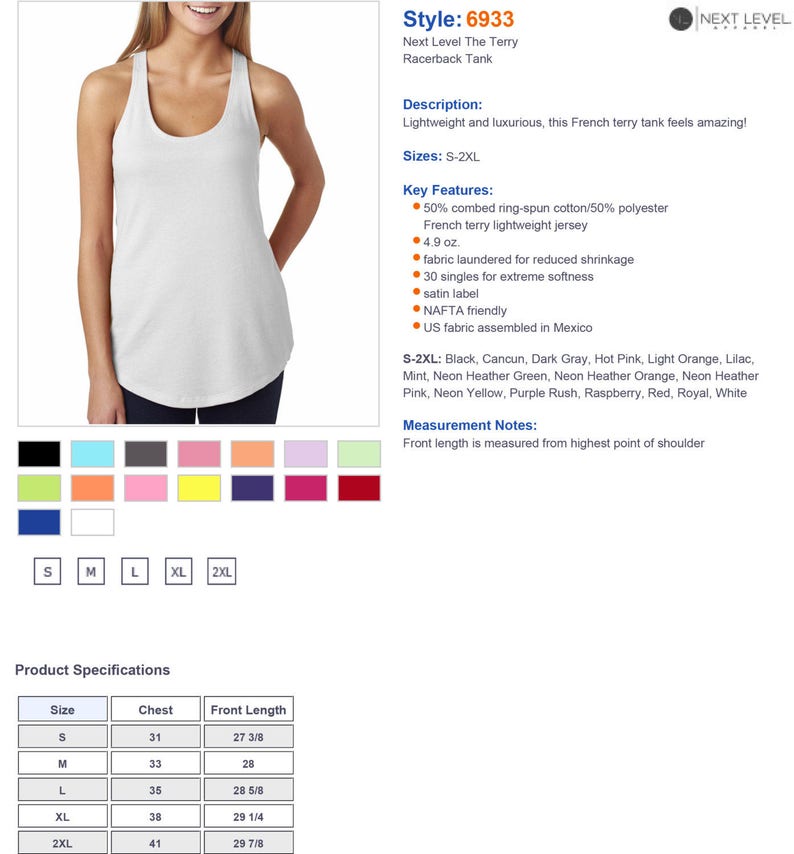 May include: A white racerback tank top made from soft French terry fabric. The tank top is lightweight and has a relaxed fit. The size chart shows measurements in inches for chest and front length. The tank top is available in a range of colours.