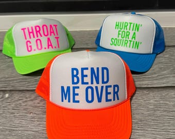 Inappropriate sayings trucker hats, funny neon trucker hats, explicit trucker hats, neon girls weekend trucker hats, bachelorette trucker
