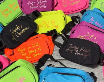 bachelorette party neon fanny pack, girls weekend fanny pack, customized bachelorette crossbody bag, initial fanny pack, neon custom fanny