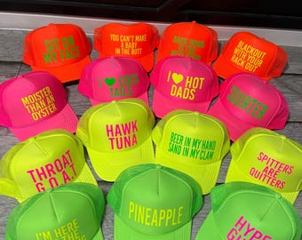 Inappropriate sayings trucker hats, funny neon trucker hats, explicit trucker hats, neon girls weekend trucker hats, bachelorette trucker