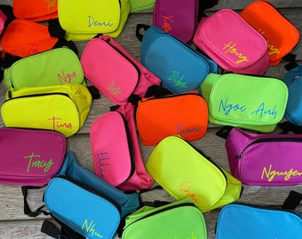 bachelorette party neon fanny pack, girls weekend fanny pack, customized bachelorette crossbody bag, initial fanny pack, neon custom fanny
