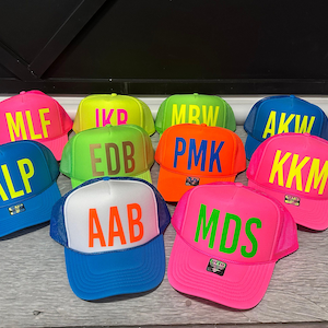 Neon Bachelorette Party Hats, oversized monogram print trucker hat, large print initials trucker hats, beach bachelorette trucker hat