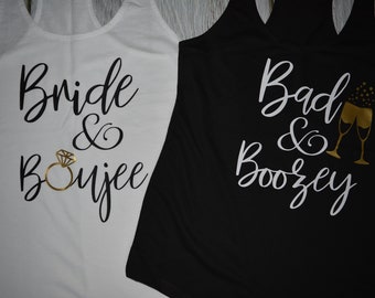 Bride & Boujee Bachelorette party tank tops, bad and boozey tanks, drinking bachelorette theme, wine tasting