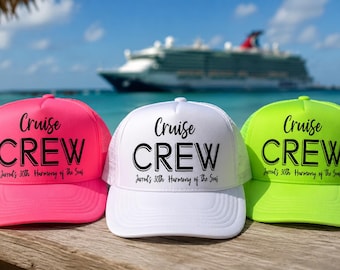 May include: Three trucker hats in neon pink, white, and neon green, each featuring the black text Cruise CREW and Jarrod's 30th Harmony of the Seas. These hats have a structured front panel, a curved brim, and a mesh back for ventilation.
