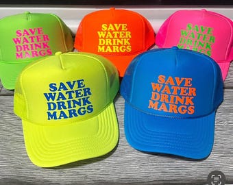 Neon trucker Hats, save water drink margs hat, beach bachelorette trucker hat, Bride neon hat, Adjustable neon trucker hats, Personalized