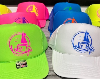 Lake Life Neon trucker Hats, beach bachelorette trucker hat, Bride neon hat, Adjustable neon trucker hats, Personalized, custom,