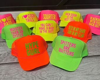 Inappropriate sayings trucker hats, funny neon trucker hats, explicit trucker hats, neon girls weekend trucker hats, bachelorette trucker