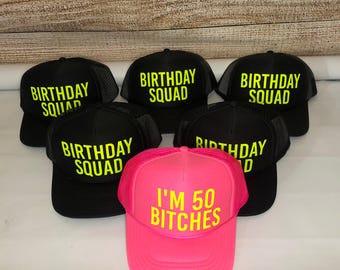Neon Birthday trucker Hats, birthday squad trucker hat, Bday girl neon hat, Adjustable neon trucker hats, Personalized, custom, any saying