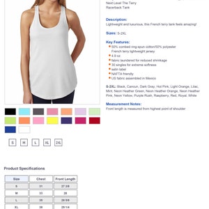 May include: White racerback tank top made of French terry fabric. The tank top is lightweight and has a relaxed fit. It is available in sizes S-2XL. The tank top is made of 50% combed ring-spun cotton and 50% polyester. It is also available in a variety of colors.