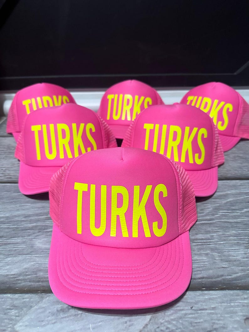 Turks Neon Trucker Hats, Turks neon hat, beach bachelorette trucker hat, Bride neon hat, Adjustable neon trucker hats, Personalized, custom image 1