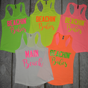 Bachelorette Party Shirts, Neon Colors Beachin babes tank tops, Bride to Be Beaches Racerback Tank Top