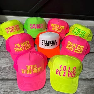 Inappropriate sayings trucker hats, funny neon trucker hats, explicit trucker hats, neon girls weekend trucker hats, bachelorette trucker image 1