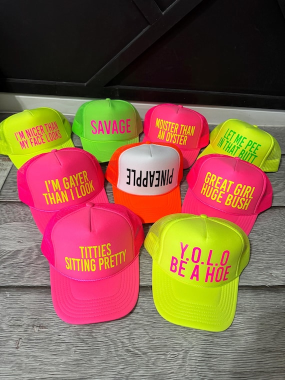 Inappropriate sayings trucker hats, funny neon trucker hats, explicit trucker hats, neon girls weekend trucker hats, bachelorette trucker