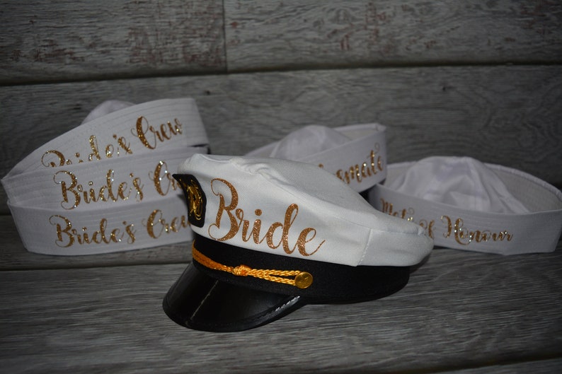 bride/'s crew hat skipper,sailor bachelorette hat glitter bride/'s captain hat nauti bride hat gold writing bride captain hat with veil